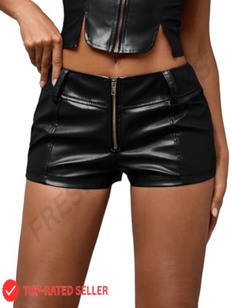 Black Leather Micro Mini Shorts Low Rise Y2k Clubwear Rave Hot Pants